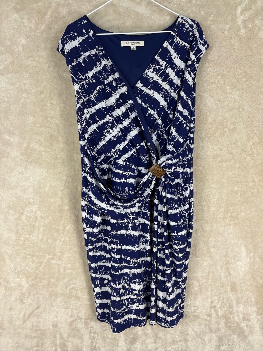 Evan Picone Navy & White Faux-Wrap Midi Dress with Knot Detail